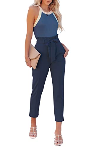 FANCYINN Damen Paperbag Hosen und Ringerrücken Oberteil Shirt Zweiteiler High Waist Bindegürtel Casual Hose mit Taschen Baumwolle Rundhalsausschnitt Lange Basic Tank Top Blau M