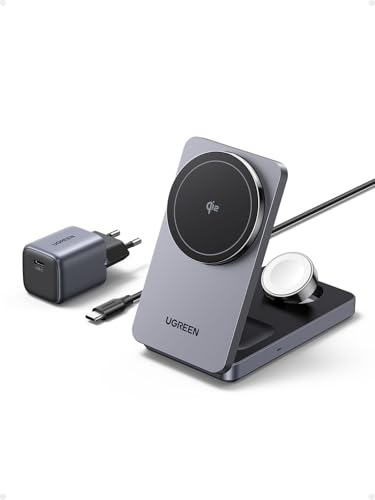 UGREEN MagFlow Qi2 zertifizierte 15W iPhone Ladestation, 3 in 1 Wireless Charger kompatibel mit MagSafe, für iPhone 16,16 Pro, AirPods, Smartwatch, Faltbarer magnetischer Ständer mit 30W Ladegerät