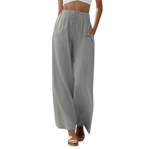 2025 - Damen-Hosen mit hoher Taille und weitem Bein, modische elastische Hose mit Kordelzug, Bequeme Lange Hose mit geradem Bein und Taschen Hose Damen Pflege 3/4 (Grey, M)