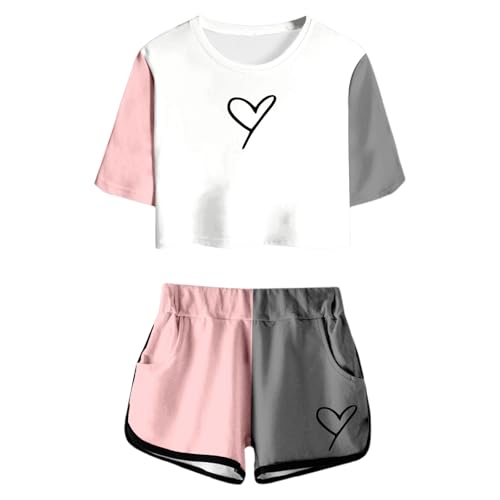 Bekleidungssets Für Mädchen 164 2 Teiler Sommer Outfits Herz Druck Kurze Hose Und Tshirt Set Color Block 2 Piece Sport Kleidung Jogging Hosenanzug Casual Kinderkleidung