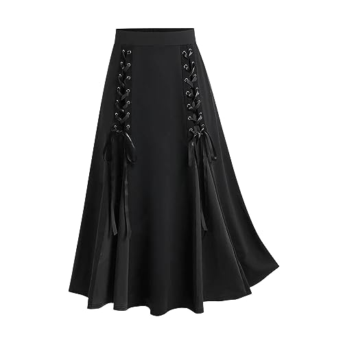 Keepink Röcke für Damen, elastische Taille, langer Rock, A-Linie, Vintage-Swingrock, Renaissance-Maxi-Röcke, Gothic-Steampunk-Rock, Schnürung, Patchwork-Röcke, Party, Abend, Streetwear, 1 x Schwarz,