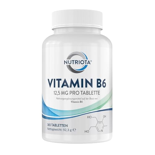 Vitamin B6 12,5mg | 365 hochwirksame vegane Tabletten | Trägt zu einem gesunden Stoffwechsel, einer normalen Funktion des Nerven- und Immunsystems bei | Trägt zum Abbau von Müdigkeit bei Von Nutriota