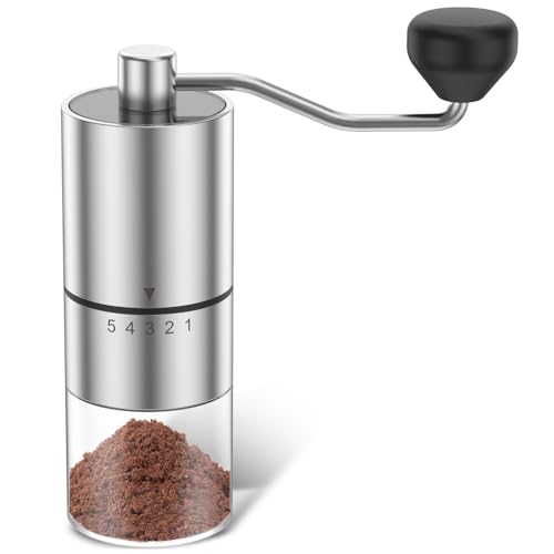 Kaffeemühle Manuell, Handkaffeemühle mit Hochpräzisen 5 Mahlstufen Verstellbarer Mahlgrad von Grob Bis Fein, Keramikmahlwerk Rutschfest Espressomühle für Kaffee Espresso French Press Filterkaffee