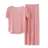 Cocila Sommer Schlafanzug Damen Pyjamas Set Kurzarm Nachtwäsche Set Casual Zweiteiliger mit Lang Pyjamahose und Shirt Licht und Ausschreibung Elastischer Bund Sleepwear