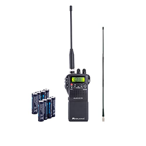 Midland Alan 42 DS CB-Handfunkgerät mit Hyflex CL 27 BNC Antenne 29613, 8 x 1800 mAh Batterien, CB-Handfunkgerät mit digitalem Squelch, inkl. Stecker und Autoladegerät, 54 cm BCN Antenne, 4W AM/FM