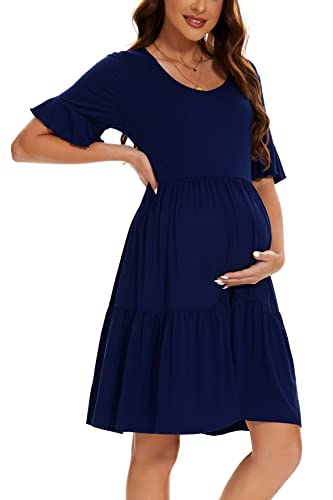 Smallshow Damen Umstandskleid Kurzarm Sommer Schwangerschafts Umstandsmode Kleid Navy M