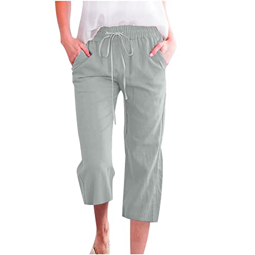 Leinenhose Damen Hosen Sommer 3/4 Hose Damen Kurze Hosen Baumwolle Gerade Hose mit Taschen Sommerhosen Damen Leicht Und Luftig Jogginghose Weitem Bein Yogahose Einfarbig Arbeitshose Outdoorhose