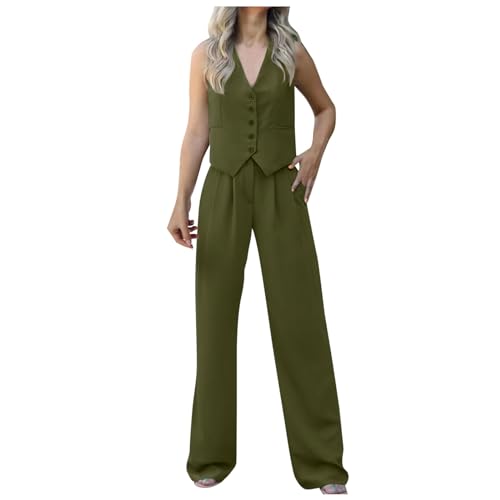 2-teiliges Set aus Weste und Hose für Damen, 2-teiliges Set, V-Ausschnitt, ärmellos, Knopf, Weste, weites Bein, 2-teiliger Blazeranzug, Sommeranzug-Set, Baumwoll-Leinen-Hosen-Set, Business-Anzug, 42