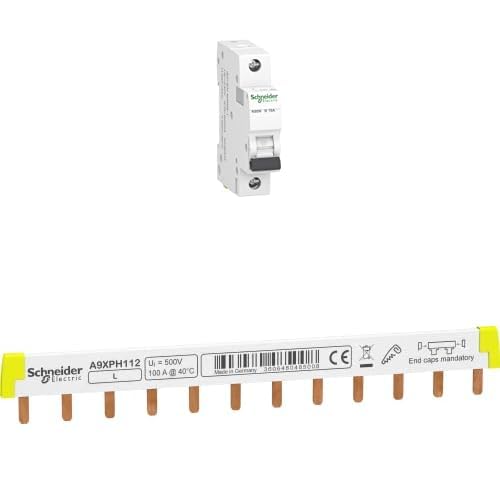 Bundle aus Schneider Electric A9K01116 Leitungsschutzschalter K60N 1P, 16A, B Charakteristik, 6kA, 16 Ampere B + Schneider Electric A9XPH112 Phasenschiene Steg, ablängbar, 1P, 12 TE, 100A