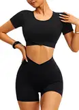 Navneet Sport Set Damen Gym Set Kurz Workout Sportset Fitness Outfit Set Sport Oberteile Scrunch Shorts Yoga Sets Sportbekleidung Sommer Zweiteiler Schwarz M