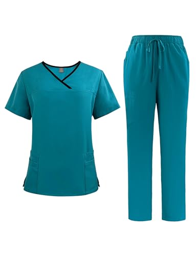 Ausing Unisex Medizinische Uniform Feuchtigkeitsregulierend Kreuzkragen Arbeitskleidung für Schichtdienst - Seeblau 2XL