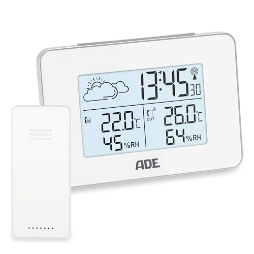 ADE Digitale Wetterstation Funk mit Außensensor | Innen und Außentemperatur | Luftfeuchtigkeitsmesser | animierte Wettervorhersage | Funkwecker mit Schlummerfunktion | weiß