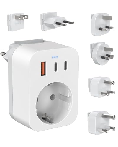 Reiseadapter Weltweites Set, Internationaler Steckdosenadapter mit USB C (PD 20W), 6 Abnehmbare Reisestecker Travel Adapter für Südafrika/JAP/AUS/USA/EU/UK