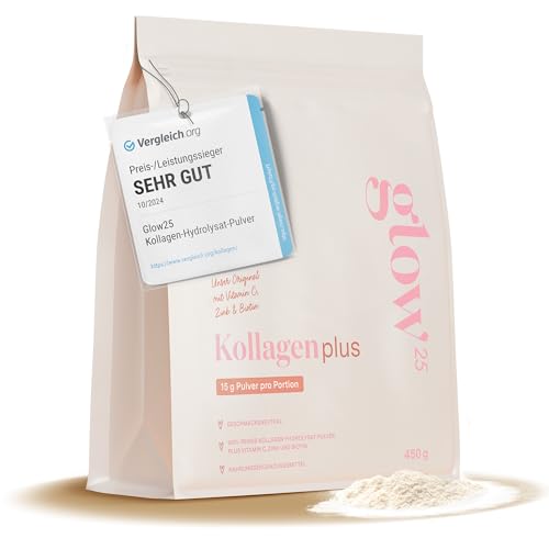 Glow25® Collagen Plus [450g] - Unser Original - Kollagen Hydrolysat mit Vitamin C, Zink und Biotin - Peptide Typ 1 und 3 - Gute Löslichkeit - Neutral