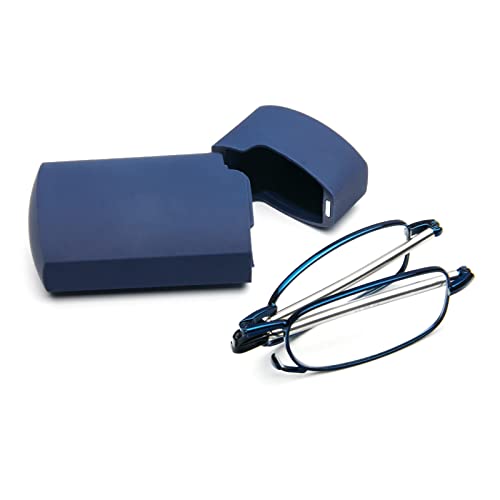 KoKoBin Faltbare Lesebrille aus Edelstahl Mini Anti-Blau Sehnhilfe für Damen und Herren Lesehilfe mit Hartschalen-Etui(Blau，+1.5)