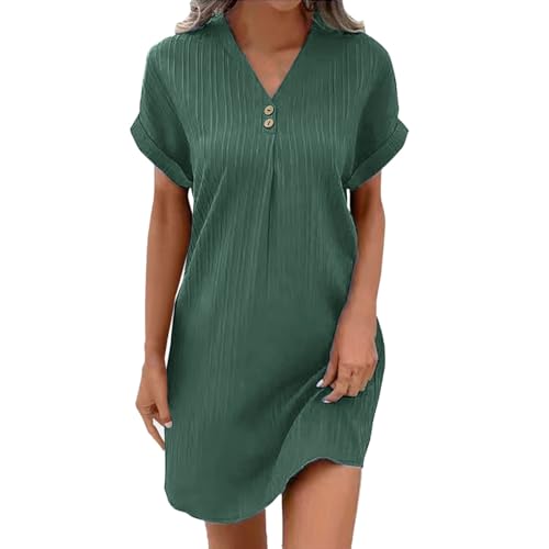 Damen Kleider Sommerkleid Damen Knopfleiste Knielang Strandkleid Einfarbig Komfortabel Boho Blusenkleid Style Freizeit Kleid (Green-B, M)