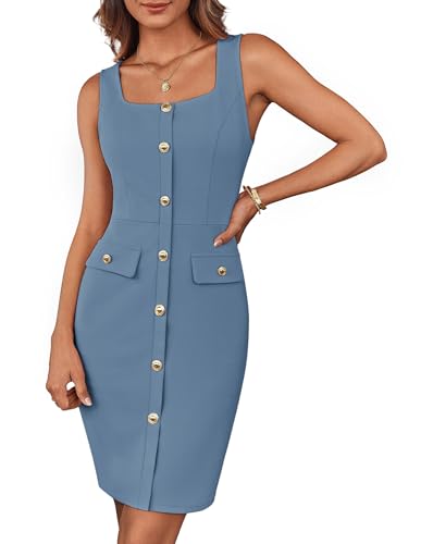 GRACE KARIN Damen Sommer Business Kleid Schwarzes Kleid Quadratischer Ausschnitt Ärmellose Bodycon Kleider Blau Grau S