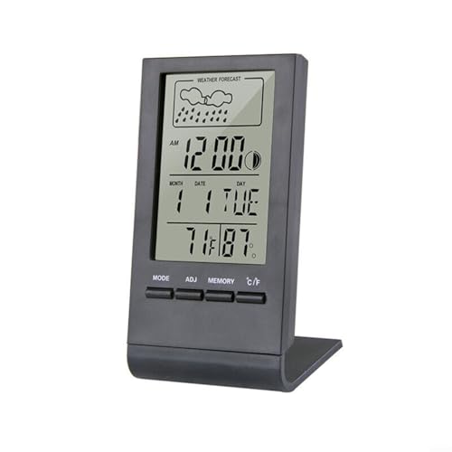 Digitales LCD Thermometer Hygrometer Innenraum Temperatur Luftfeuchtigkeit Messgerät Wetterstation mit Uhr Datum Wetterbericht Alarm für Zuhause Büro Gewächshaus(Black)