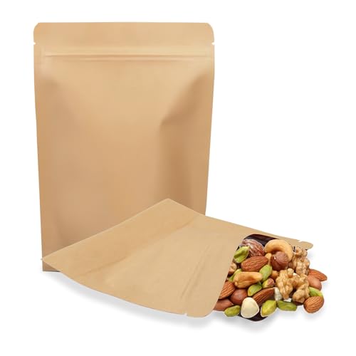 eModwey 50 STK Papier Beutel Kraftpapier mit Folie Ausgekleideten，Wiederverschließbare Standbodenbeutel für Kaffee, Tee und Lebensmittelverpackungen, Umweltfreundlich und Robust, 9x14CM