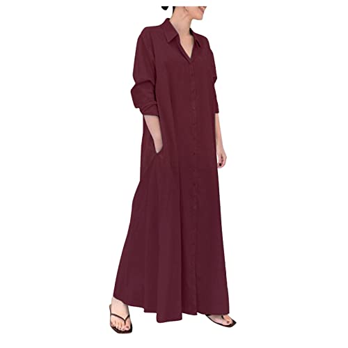 kleid in Übergröße für Damen 2023, lässiges Button-Down-Hemdkleid, langärmelig, Leinen, Maxikleid mit Tasche, Rot/Ausflug, einfarbig (Getaway Solids), X-Groß