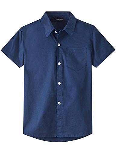 Spring&Gege Jungen Kurzarm Einfarbig Formale Baumwoll Hemden Klassisch Schuluniform für Kinder, Navy Blau, 164 (13-14 Jahre)