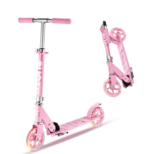 SUOTU Roller Kinder mit 145 mm Rollen, Scooter mit 2 LED Rädern für 3-12 Jahren, Zusammenklappbarer, Höhenverstellbarer, Cityroller for Boys and Girls (Rosa)