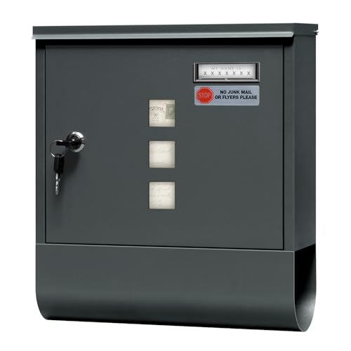 WOLTU Briefkasten Postkasten mit Zeitungsfach Sichtfenstern Namensschild, Wandbriefkasten abschließbar, mit 2 Schlüsseln, modern, Anthrazit, 30,5x33,5x9 cm