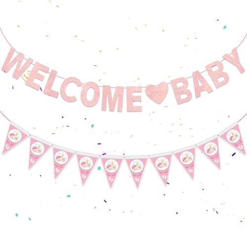 Welcome Baby Banner Deko Mädchen- Rosa Welcome Baby Buchstaben Girlande, Wimpeln Bunting Fahnen, für Babyparty, Baby Shower, Zuhause Empfang, Geburtstags Partydeko