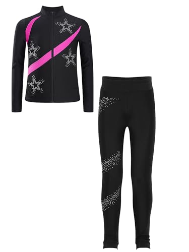 inhzoy Kinder Mädchen Eiskunstlauf Anzug Colorblock Glitzer Strass Jacke Leggings Set Eislaufen Tanzanzug Sport Kleidung Set Hotpink 146-152