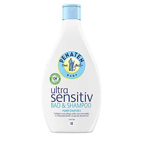 PENATEN Ultra Sensitiv Bad & Shampoo parfümfrei (1 x 400 ml), sehr mildes Baby Shampoo & Badezusatz Waschgel, speziell für hochsensible Babyhaut entwickelt