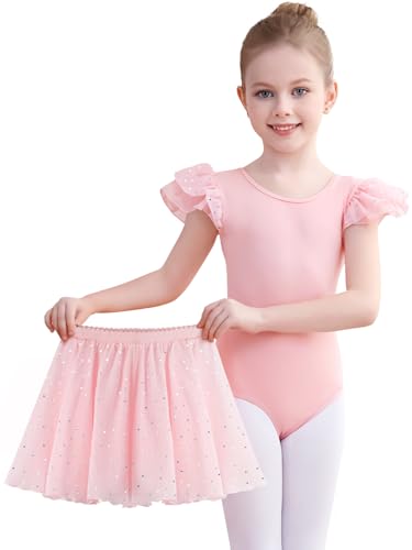 Comfyouth Ballettkleidung Ballettkleid Mädchen Rüschenärmeliger Ballett Turnanzug mit Abnehmbarem Rock Glitzer Ballettanzug für Kinder 2-11 Jahre