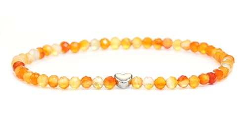 LAKADA Echtes Karneol Edelstein Armband mit facettierten 4mm Perlen und Edelstahlherz Heilstein Schutzstein Edelsteinarmband Glücksbringer Talisman Geschenk (Karneol, 18CM, S)