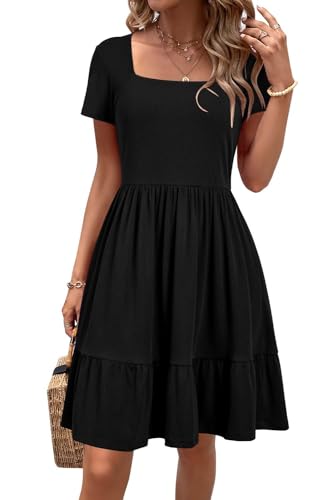 Newshows Sommerkleid Damen Knielang Strandkleid Sommer Outfits Kleid Elegant Kurz Partykleid Mit Taschen Schwarz