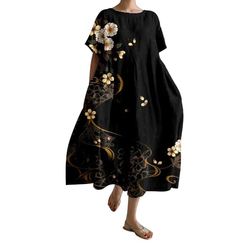 Wickelkleid Damen Lockere Sommerkleid 3/4-Arm Blusenkleid Swing Blumendruck Strandkleider Leicht und Luftig T-Shirt Kleid Kurzärmliges Kleider mit Weitem Saum Plissiertes Maxikleid