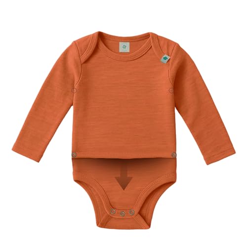 Grünes Glück Baby Body – Zweiteiliger Wolle Seide Body langarm -für entspanntes Umziehen nachts & unterwegs – Einzigartiges Geschenk zur Geburt (rost - Flexi-Body, 50/56)