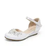 DREAM PAIRS Mädchen Prinzessin Schuhe Schulschuhe Flache Schuhe Kleiderschuhe Absätze niedrige Keilpumps mit Perlen und Strasssteinen,Size 36,Weiss,SDFL2414K