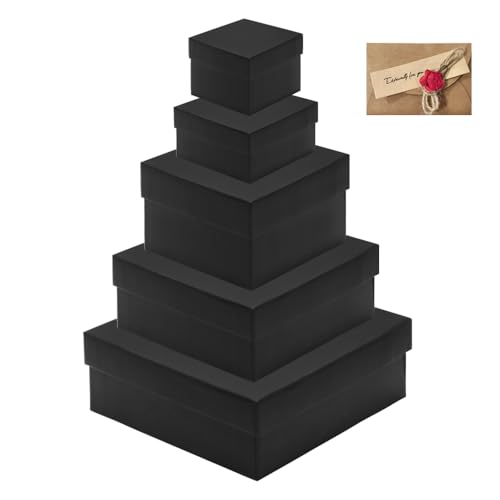 GOIYZTTR Schwarze Geschenkbox mit Deckel 5er Set | 5 Verschiedene Größen Ineinander Quadratische Geschenkboxen Ausgestattet mit Einer Karte Ideal für Geschenkverpackung