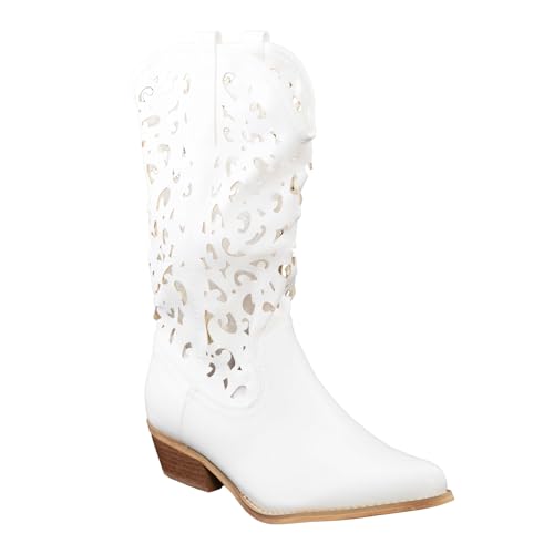 Toocool Cowboystiefel Damen Sommer, Damen-Sommerstiefel, Damen-Stiefel im Cowboy-Stil, Sommer Stiefeletten Damen, Cowboy Boots G629 [39, Weiß]