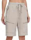 MoFiz Outdoor Shorts Damen Kurze Cargohose Sommer Leicht Wanderhose Schnelltrocknende Bermuda mit Mehrfach-Reißverschluss-Taschen Khaki EU L (US M)