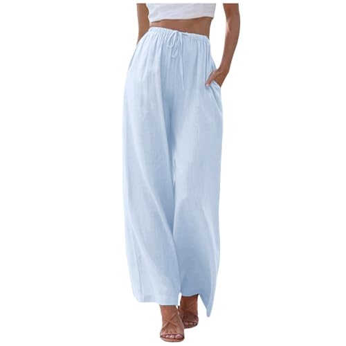 Generisch Leinenhose Damen Sommer Lang Lose Fit Sommerhose mit Tunnelzug Leicht Atmungsaktive Palazzo Hose Hohe Taille Weite Bein Freiziethose Einfarbig Leinen Hosen Strandhose Yogahose