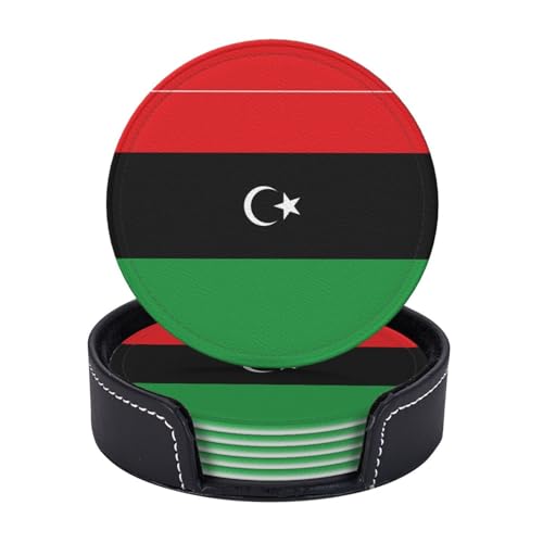 Poezjzw Runde Leder-Untersetzer mit libyscher Flagge (6er-Pack) sind geeignet für Heimtextilien in Restaurants, Küchen und Büros