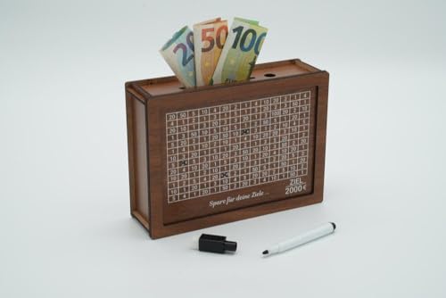 Spardose aus Holz mit Sparziel - Wiederverwendbare Sparbox für Erwachsene & Kinder - Sparschwein mit Folienstift (1000€/2000€/3000€/5000€/8000€)