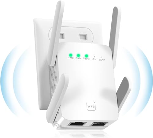 WiFi Repeater, Ultraxtended 1200 Mbit/s WLAN Verstärker,2.4Ghz+5G mit LAN anschluss, Abdeckung bis zu 200 m², Kompatibel mit Alexa, 99% Standard-Routern (AC1200-1)