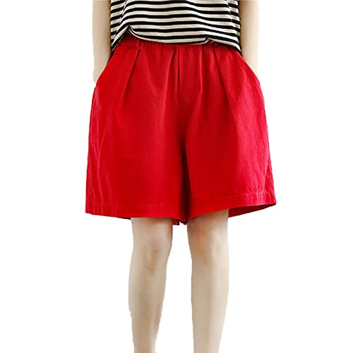 Generic Damen-Bermuda-Shorts Mit Weitem Bein Baggy LäSsige Shorts Mit Elastischer Taille Leichte Bequeme Sport-Track-Shorts Mit Taschen (M,Rot)