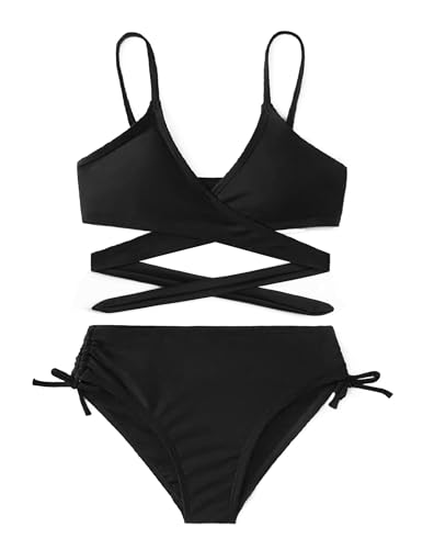 Arshiner Mädchen Badeanzüge Bikini Set Zweiteiliger Badeanzug Kinder Criss Cross Bustier & Bikinislip Triangle Bikini Schwimmanzug für Mädchen Schwarz 160 13-14 Jahre