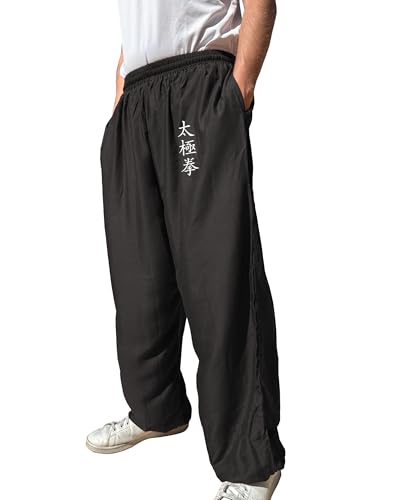 TAO MARTIAL Kung Fu Hose Wing Chun Tai Chi Stil mit Taschen Lose Hose Rayon V3 (TJ Schwarz, Größe XL)