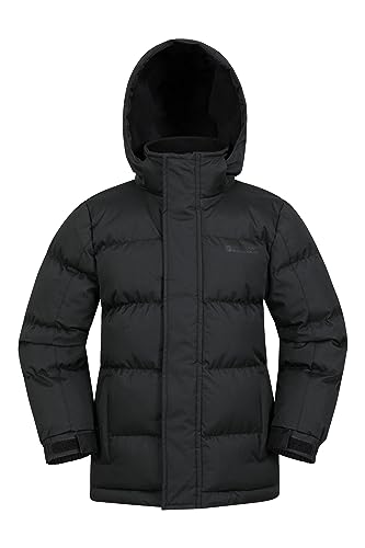 Mountain Warehouse Snow Wasserabweisende Winterjacke für Kinder - Gesteppte, wattierte, atmungsaktive Jacke mit Kapuze für Jungen und Mädchen, leichte Regenjacke Schwarz Jet 11-12 Jahre