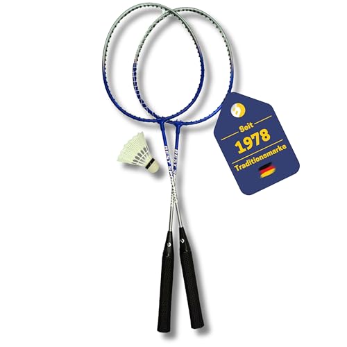 Best Sporting Badminton Schläger Set I Hochwertige Federballschläger aus gehärtetem Stahl I Leichte Badmintonschläger mit Ösen I Federball Schläger mit Federball I 280 g (blau/Silber)