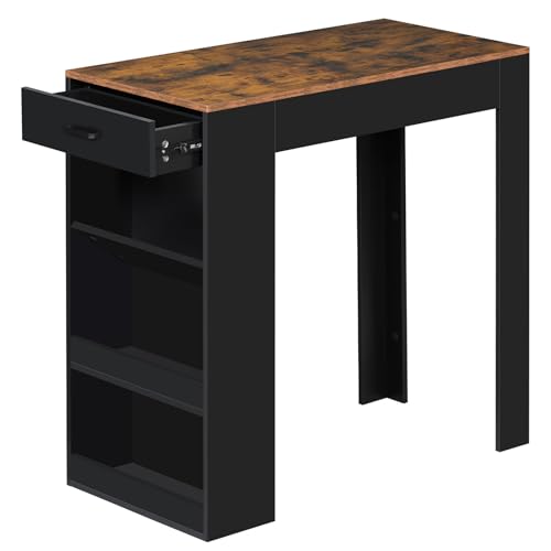 WOLTU Stehtisch Bartisch Bistrotisch Küchentisch, mit 1 Schublade 3 Ablagen, mit Weinregal, schmaler Tisch für Bar Küche Wohnzimmer Esszimmer, 100x100x50 cm, Vintage Braun