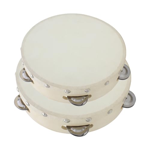 Sporgo 2 Stück Handtrommel Holz: Tambourin Handheld Tamburin, Tambourin mit Metall Klingeln, Handtrommel Percussion für Spiel, Tanz, Partybegleitung (6 Zoll 8 Zoll)